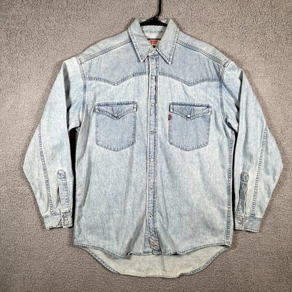 Levis Vintage Denim Pearl Snap Shirt Mens Small Blue Button Up Western Rodeo VTG - Picture 1 of 16